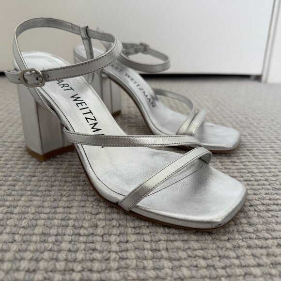 Stuart Weitzman Strappy Silver Block Heel Sandal - Picture 3 of 4